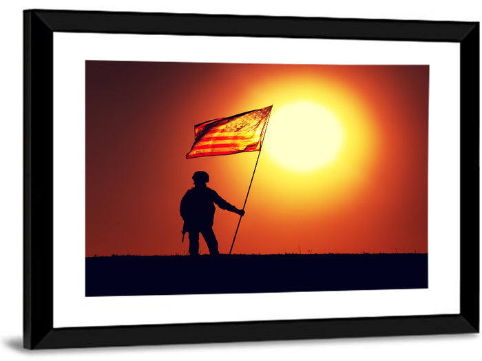 Soldier Silhouette with American Flag Wall Art as a framed print