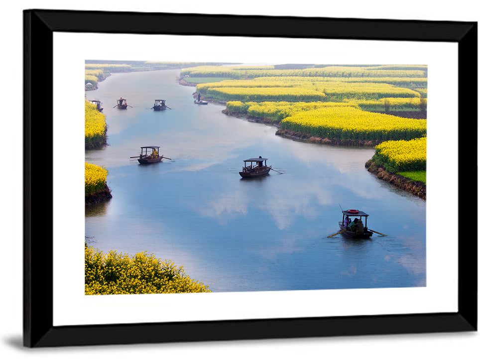 Spring River Rowboats in Rapeseed Fields Wall Art