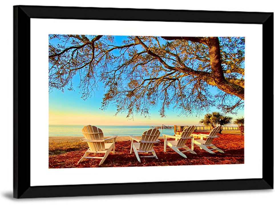 Mobile Bay Adirondack Chairs at Sunrise Wall Art