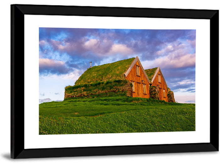 Icelandic Turf Houses at Dusk Wall Art as a framed print