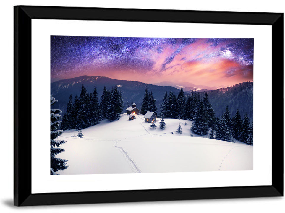 Starry Winter Cabins Under the Milky Way Wall Art