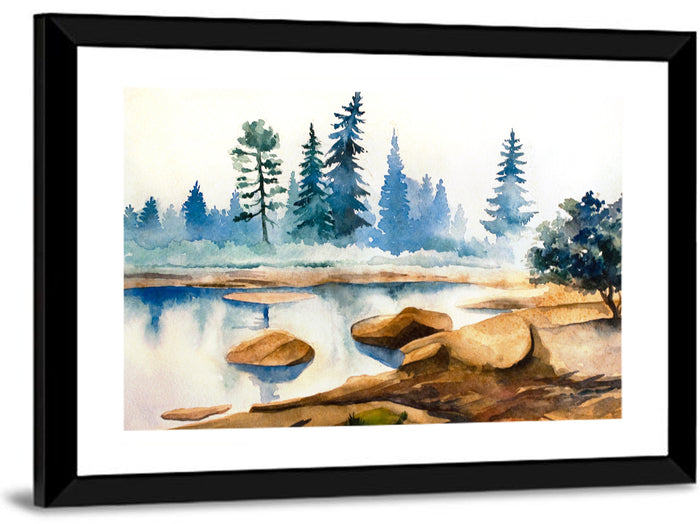 Misty Pine Stream Wall Art as a framed print