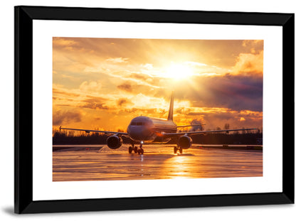 Golden Hour Airliner on Wet Runway Wall Art