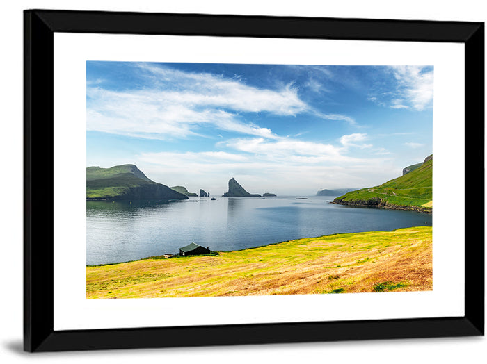 Tindhólmur and Drangarnir Coastal Bay Wall Art as a framed print