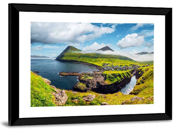 Gjógv Harbor Coastal Village Wall Art as a framed print