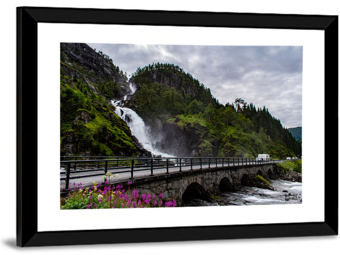 Låtefossen Stone Bridge and Waterfall Wall Art as a framed print