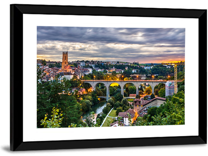Zähringen Bridge at Twilight, Fribourg Wall Art as a framed print