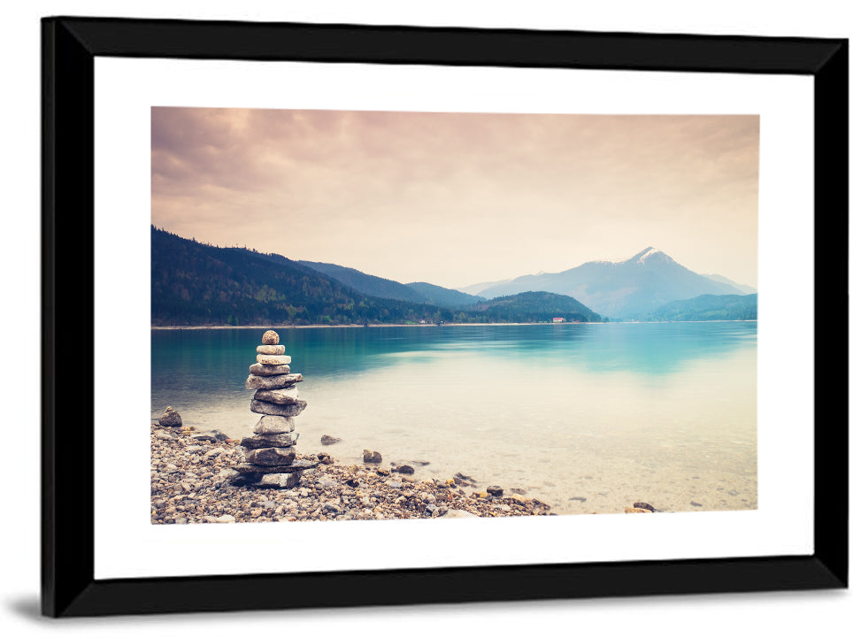 Stone Cairn by a Mountain Lake Wall Art