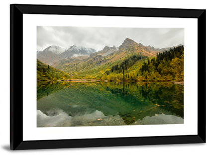 Kardyvach Lake Reflection Under Clouded Peaks Wall Art