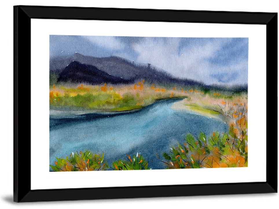 Misty Autumn River and Mountain Landscape Wall Art