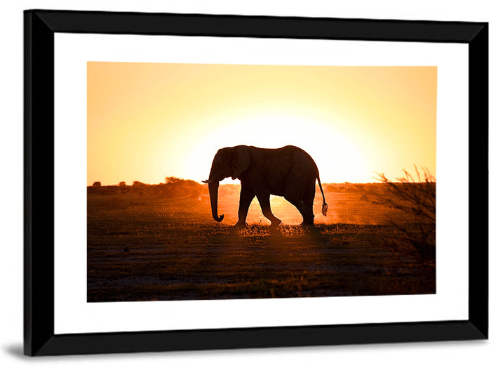 Golden Hour Elephant Silhouette Wall Art as a framed print