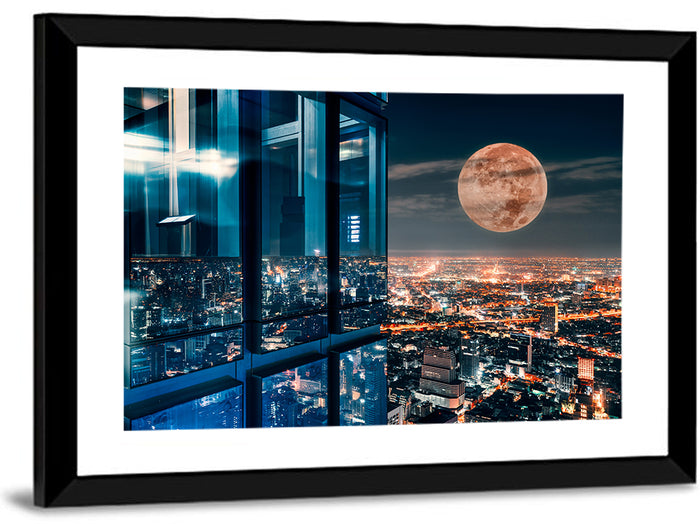 Bangkok Moonlit Skyline Wall Art as a framed print
