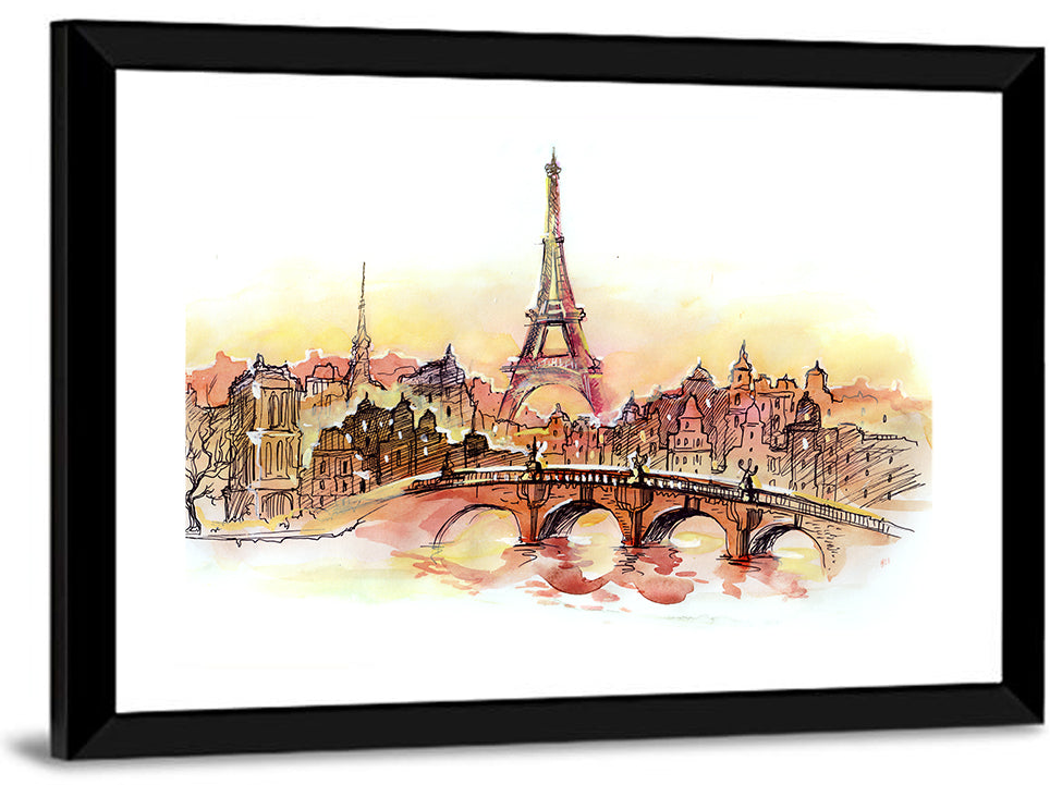 Eiffel Tower Watercolor at Dusk Wall Art