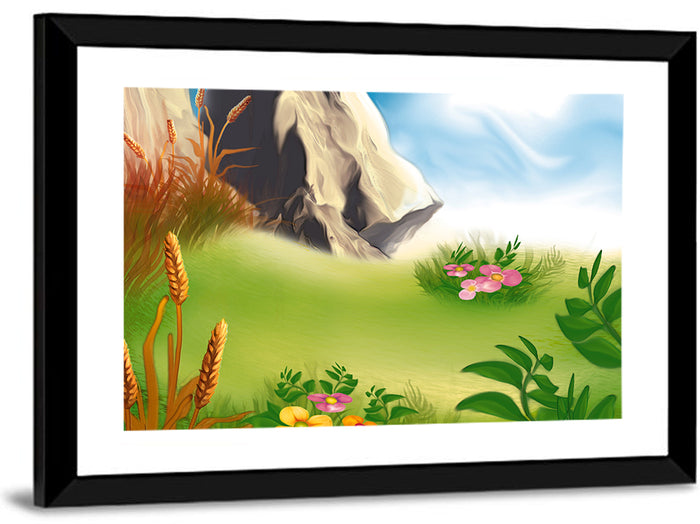 Sunny Mountain Meadow Illustration Wall Art as a framed print