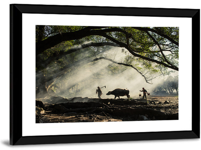 Village Morning with Buffalo Wall Art as a framed print