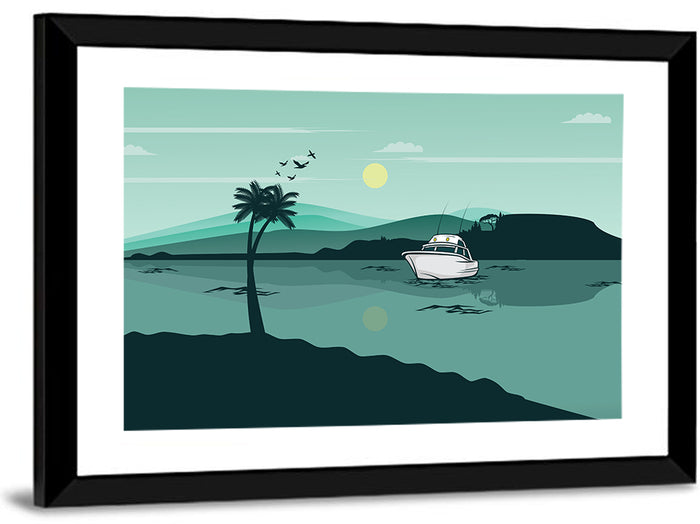 Teal Lake Boat with Palm Tree Wall Art as a framed print