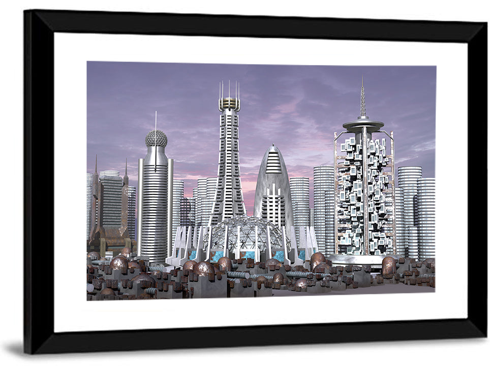 Purple Dusk Futuristic Cityscape Wall Art