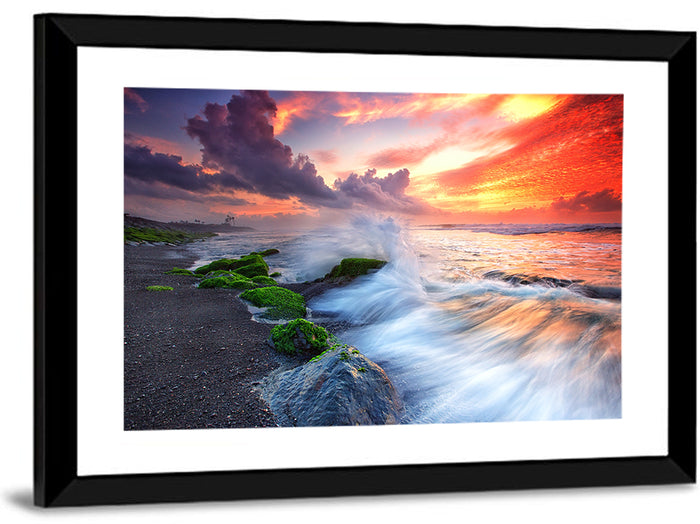 Ocean Waves Under Burning Sky Wall Art as a framed print