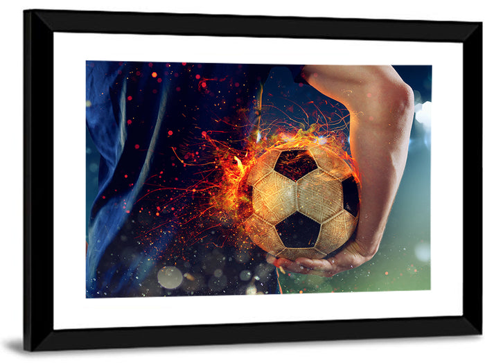 Fiery Soccer Ball and Blue Jersey Player Wall Art as a framed print