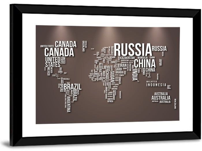 World Map Typography in Brown and White Wall Art as a framed print
