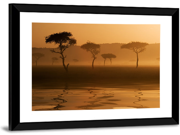 Savanna Sunset Acacia Silhouettes Wall Art as a framed print