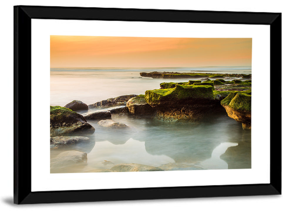 Mossy Rocky Coastline at Golden Hour Wall Art