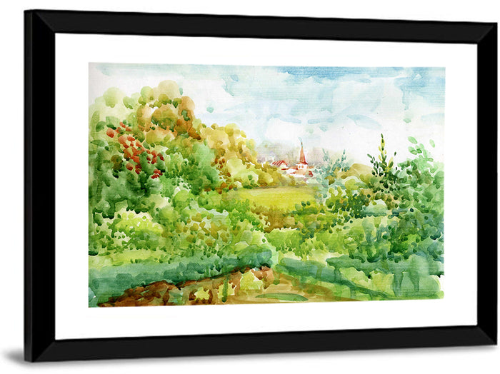 Red Steeple Village Watercolor Wall Art as a framed print