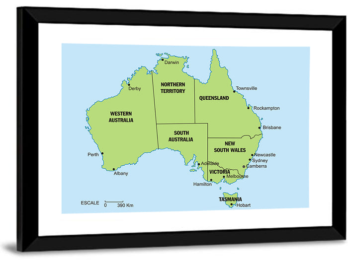 Minimalist Australia Map with State Labels Wall Art as a framed print