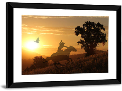 Cowboy Silhouette at Golden Sunset Wall Art