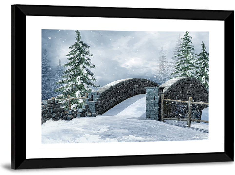 Snowy Stone Bridge in Winter Forest Wall Art