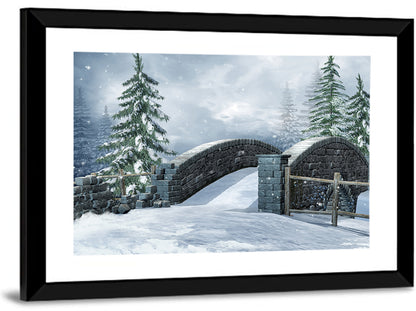 Snowy Stone Bridge in Winter Forest Wall Art