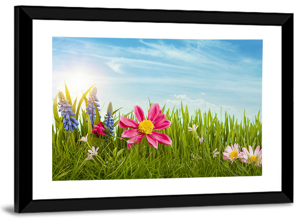 Pink Daisy and Blue Hyacinths in Spring Grass Wall Art