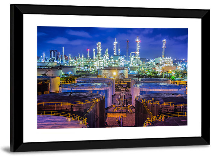 Illuminated Oil Refinery at Twilight Wall Art as a framed print