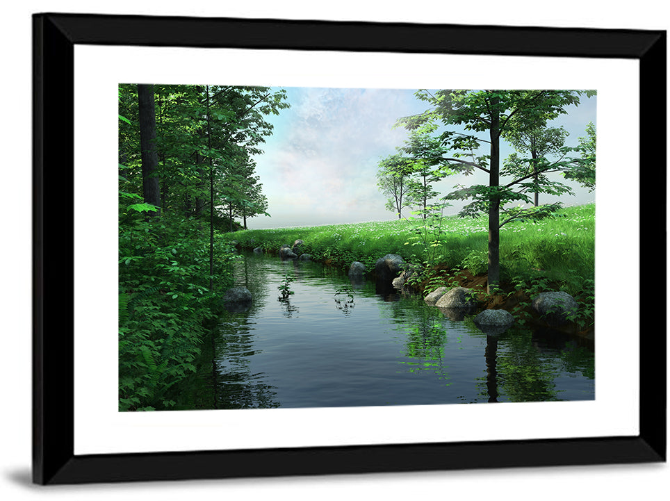 Tranquil Meadow Stream with Wildflowers Wall Art