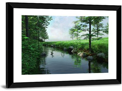 Tranquil Meadow Stream with Wildflowers Wall Art
