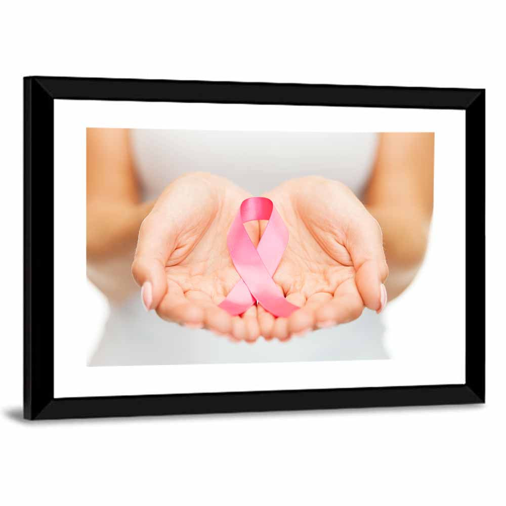 Cupped Hands Holding Pink Ribbon Wall Art