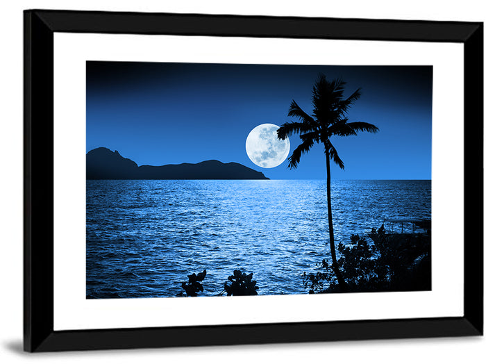 Moonlit Tropical Shore Silhouette Wall Art as a framed print