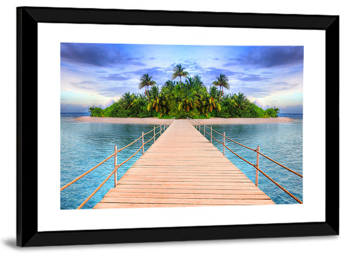 Tropical Island Pier Perspective Wall Art as a framed print
