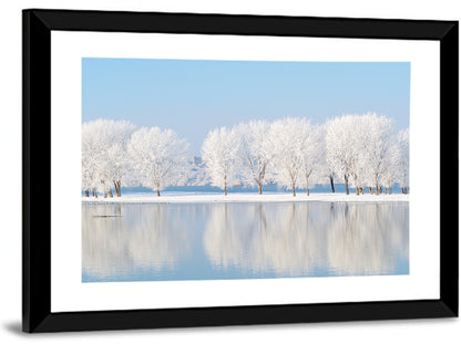 Frosted Winter Trees Reflected on a Quiet Lake Wall Art