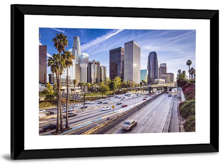 Los Angeles Freeway to Downtown Skyline Wall Art as a framed print