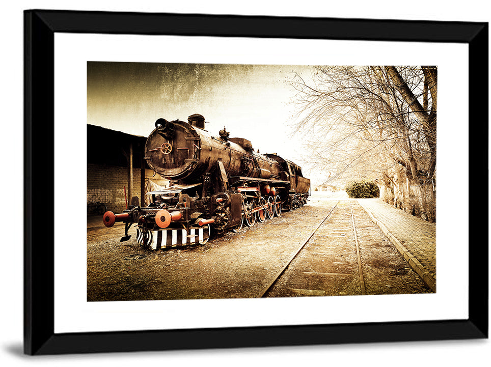 Sepia Steam Locomotive on Rusted Tracks Wall Art