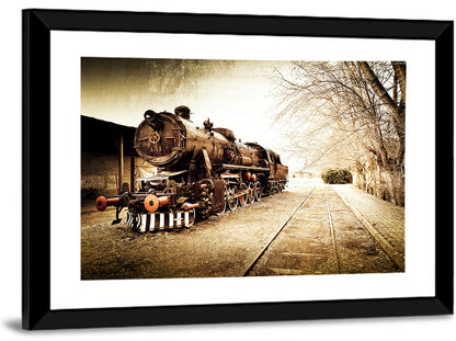 Sepia Steam Locomotive on Rusted Tracks Wall Art