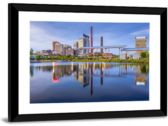 Birmingham Skyline Reflection at Twilight Wall Art as a framed print