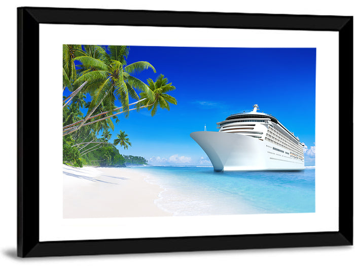 Cruise Ship Beside Tropical Beach Wall Art as a framed print