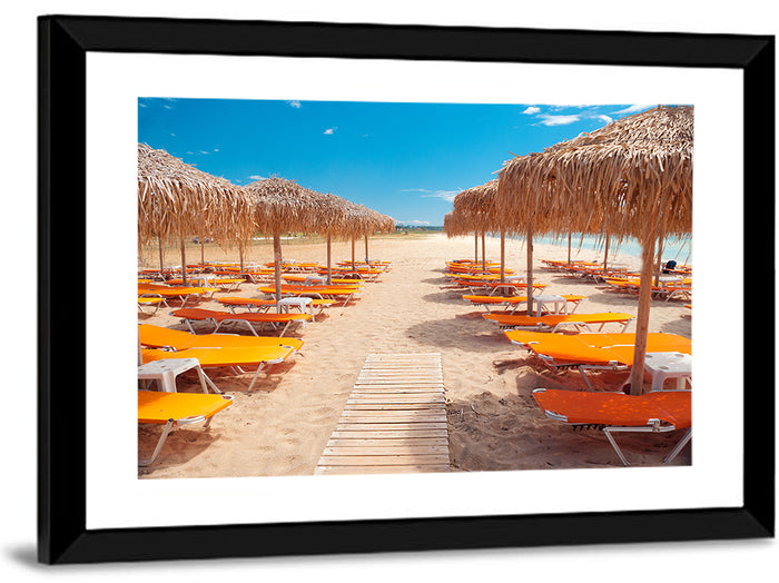 Beach Boardwalk with Orange Loungers Wall Art as a framed print