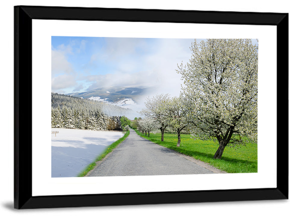 Season Change Road to Snowy Mountain Wall Art