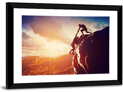 Two Hikers Summit Assist at Sunset Wall Art