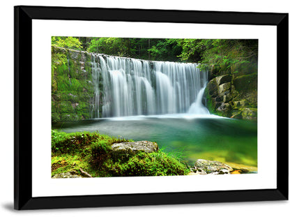 Emerald Forest Waterfall with Mossy Stones Wall Art