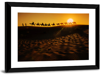Camel Caravan Silhouette at Golden Sunset Wall Art