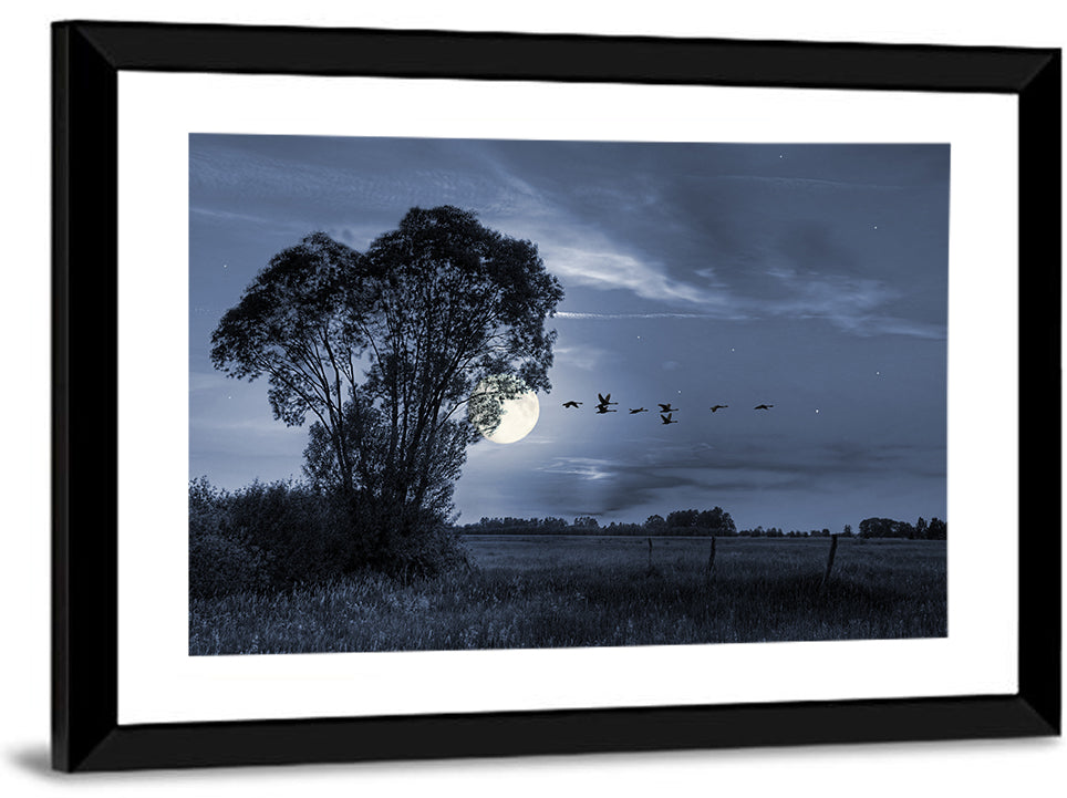 Moonlit Birds Over Quiet Field Wall Art